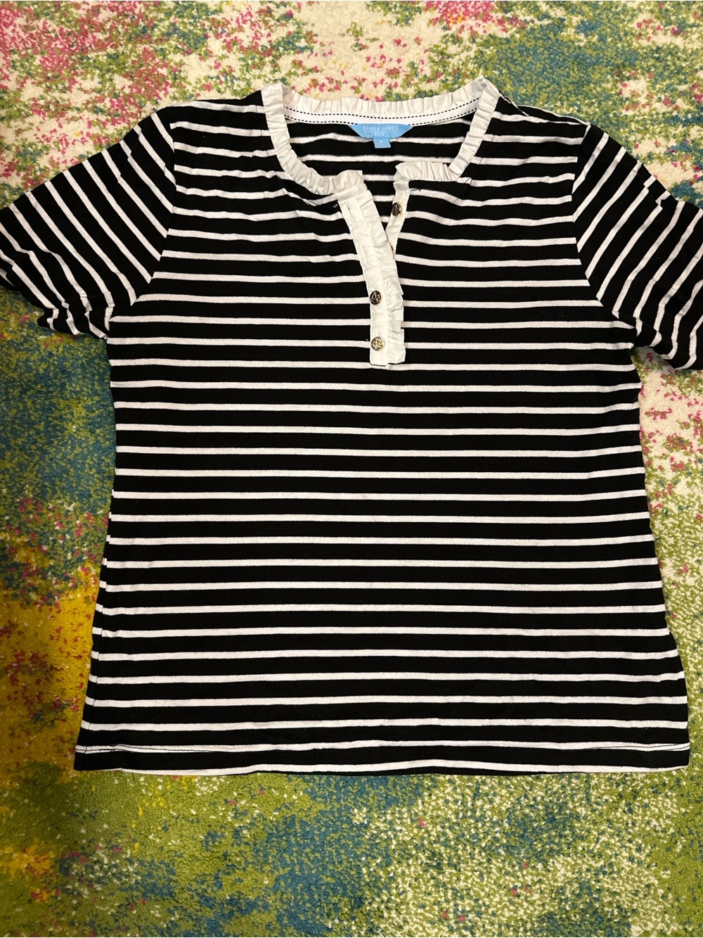 Draper James Black & White Striped Short Sleeve Henley Tee